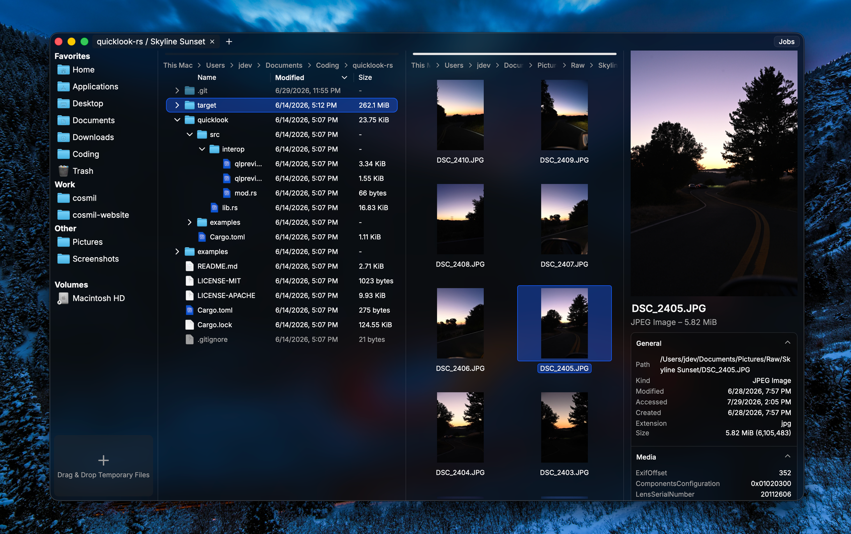 Cosmil open on a macOS desktop in a dual-pane layout — a file tree beside an image grid, with the preview pane showing a photo and its metadata