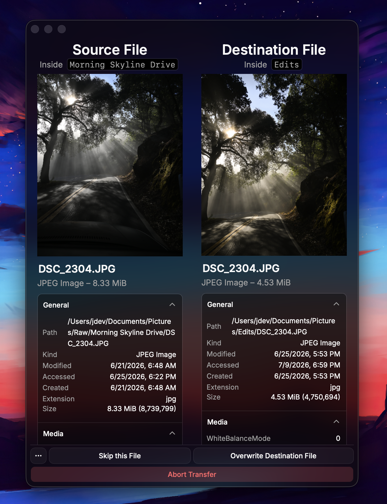 Cosmil's file conflict dialog comparing a source and destination JPEG side by side, with previews and full metadata for each
