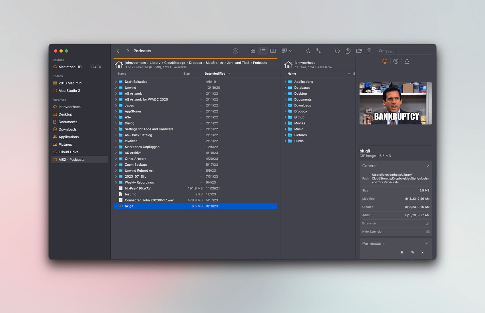 ForkLift's dual-pane window browsing two folders side by side, with a file preview and info panel on the right