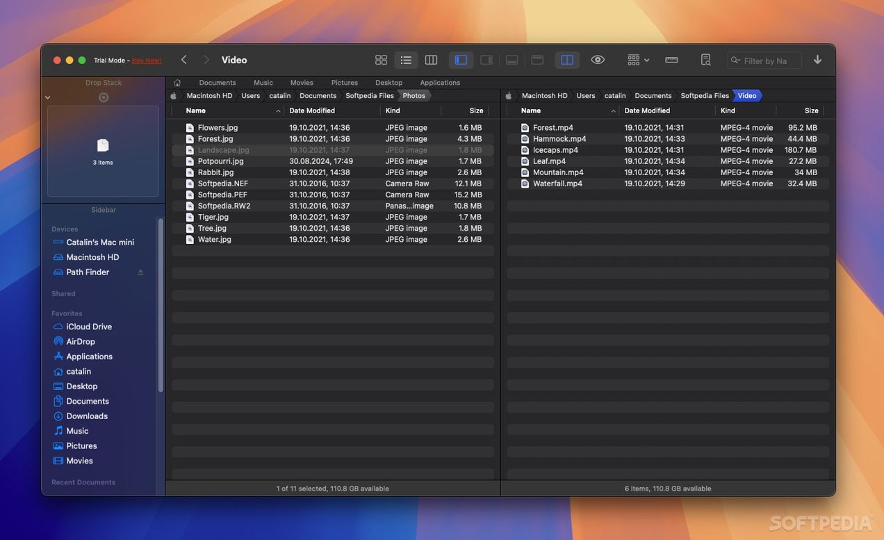 Path Finder's dual-pane browser, with its Drop Stack and sidebar on the left and a dense toolbar across the top
