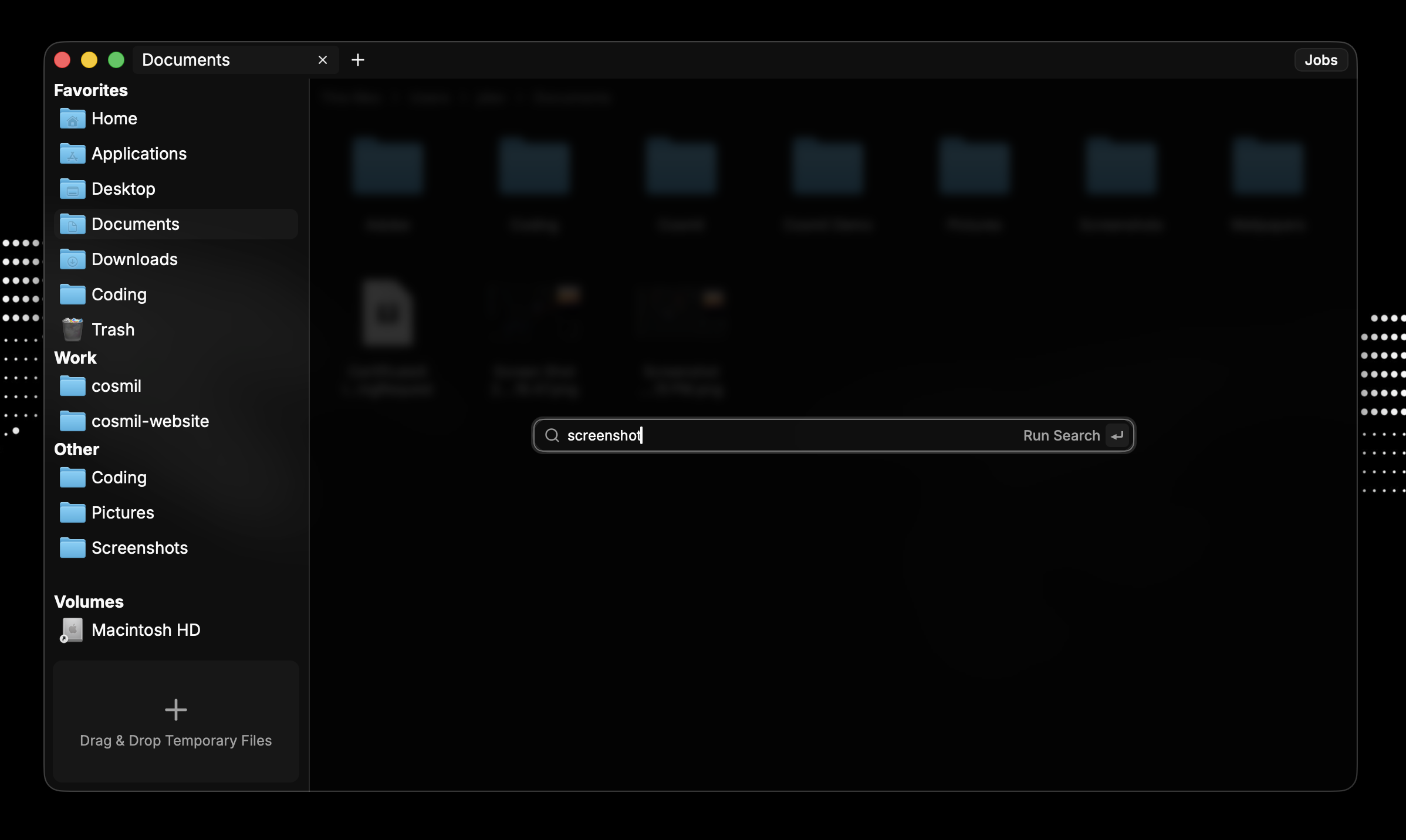 Cosmil with the simple search dialog open. A simple text input is shown which can be used to match file names.