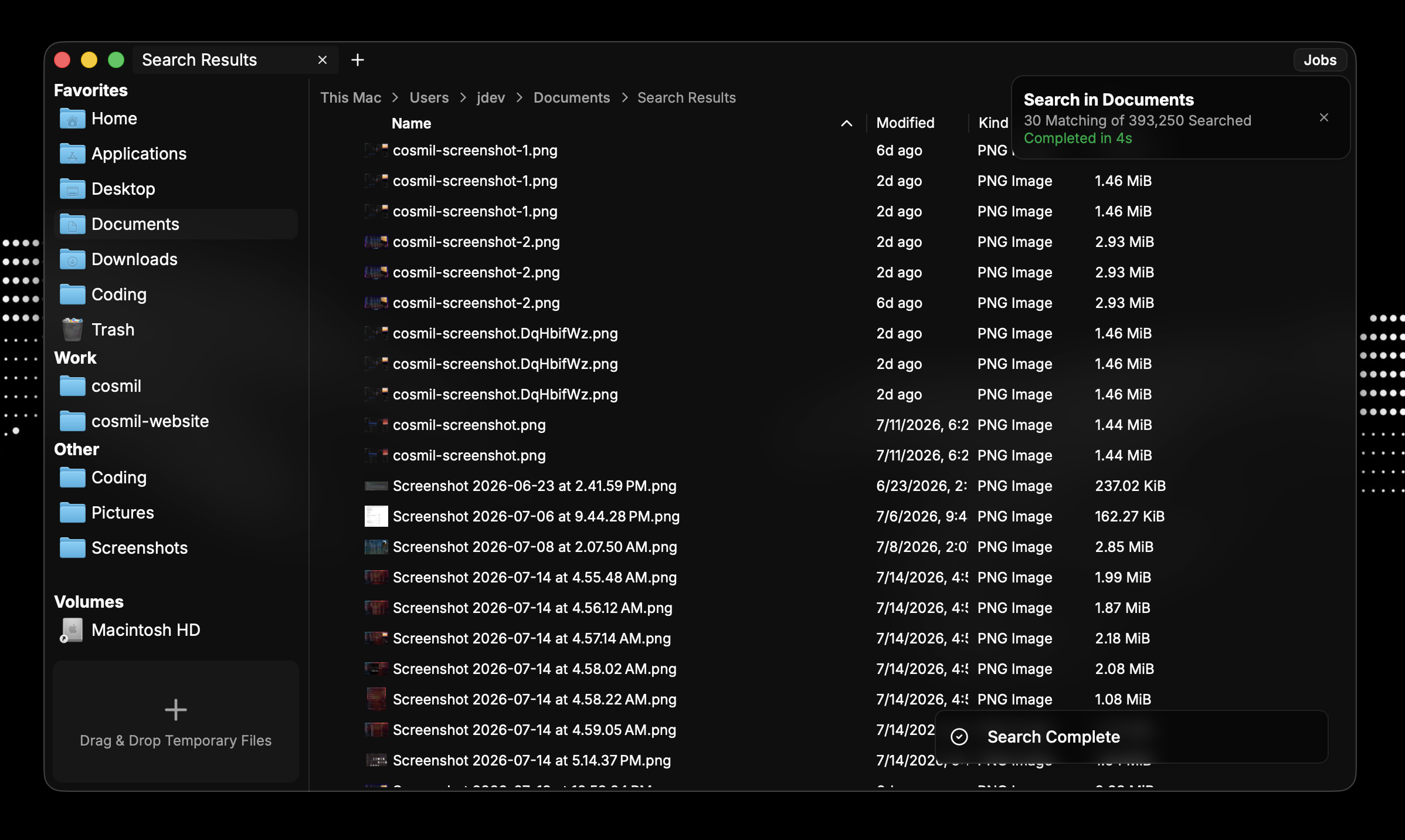 Cosmil with a simple search completed, showing a list of screenshot files, since the query was "screenshot".