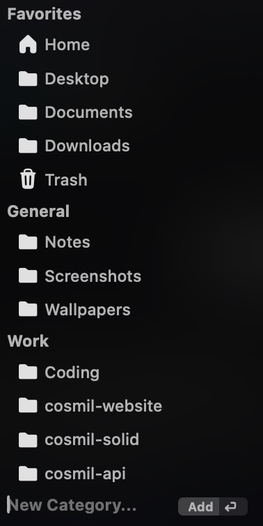 Screenshot of a sidebar with categories and sub-items