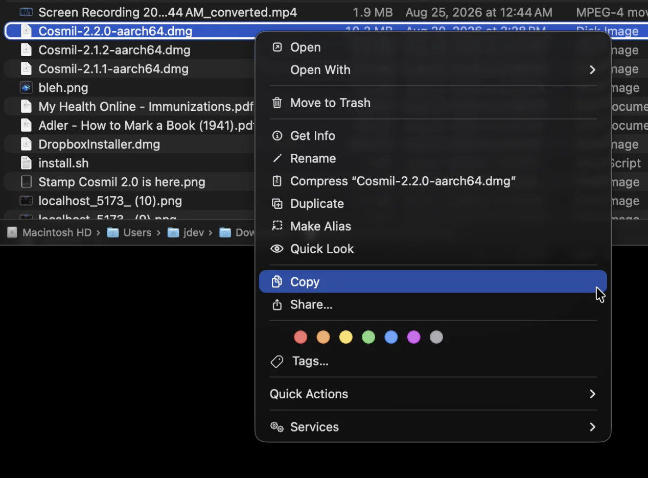 Finder's right-click menu on a file, showing the ordinary Copy command