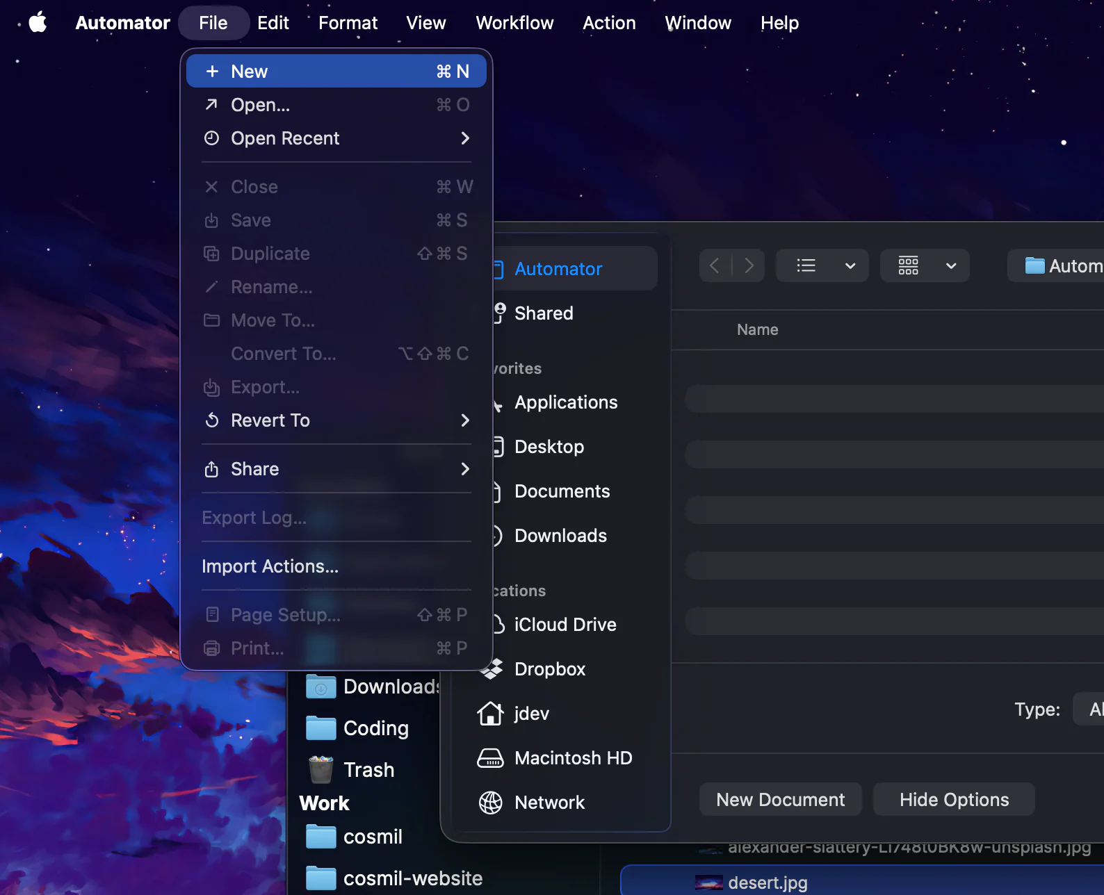 Automator's File menu open with New highlighted