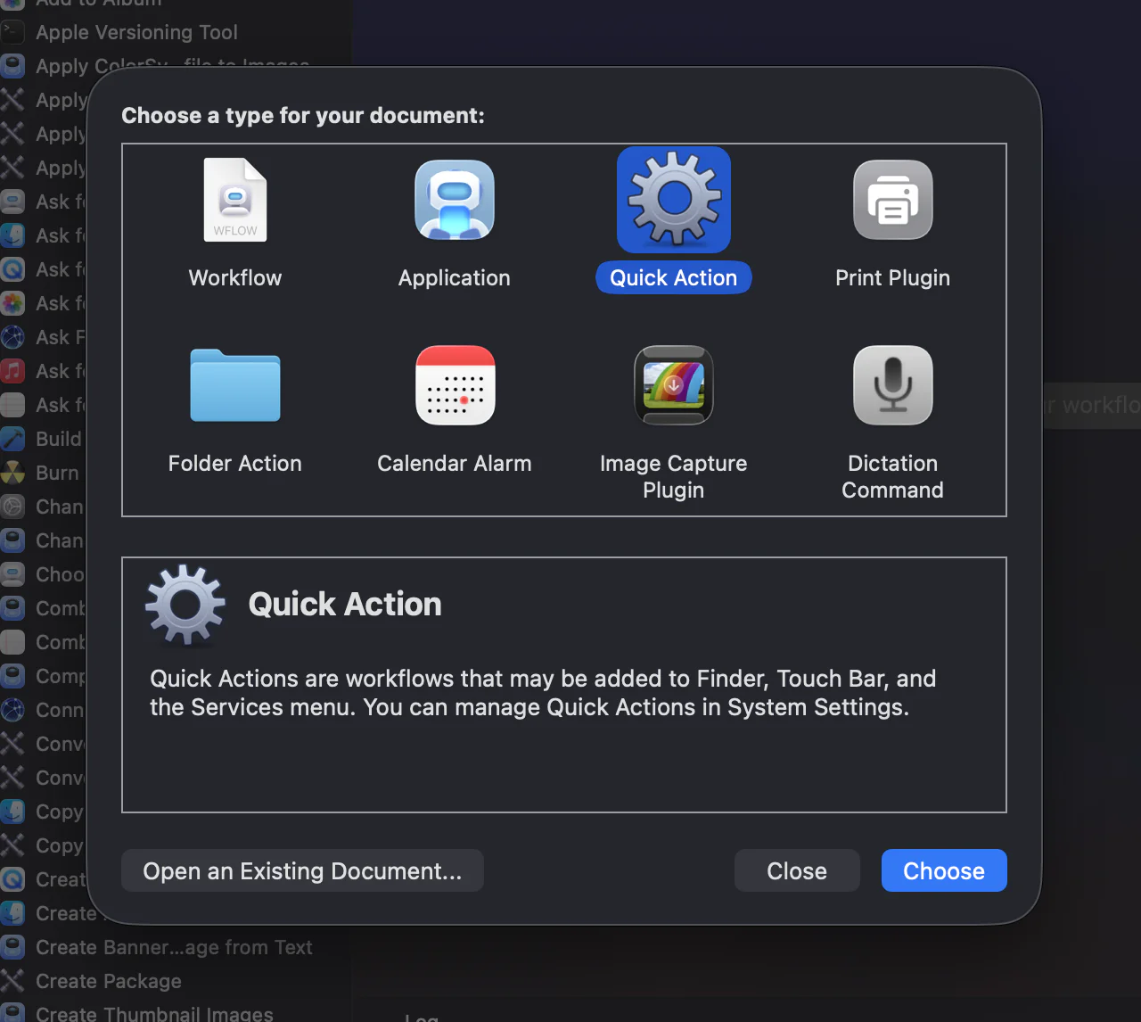 Automator's document type chooser with Quick Action selected