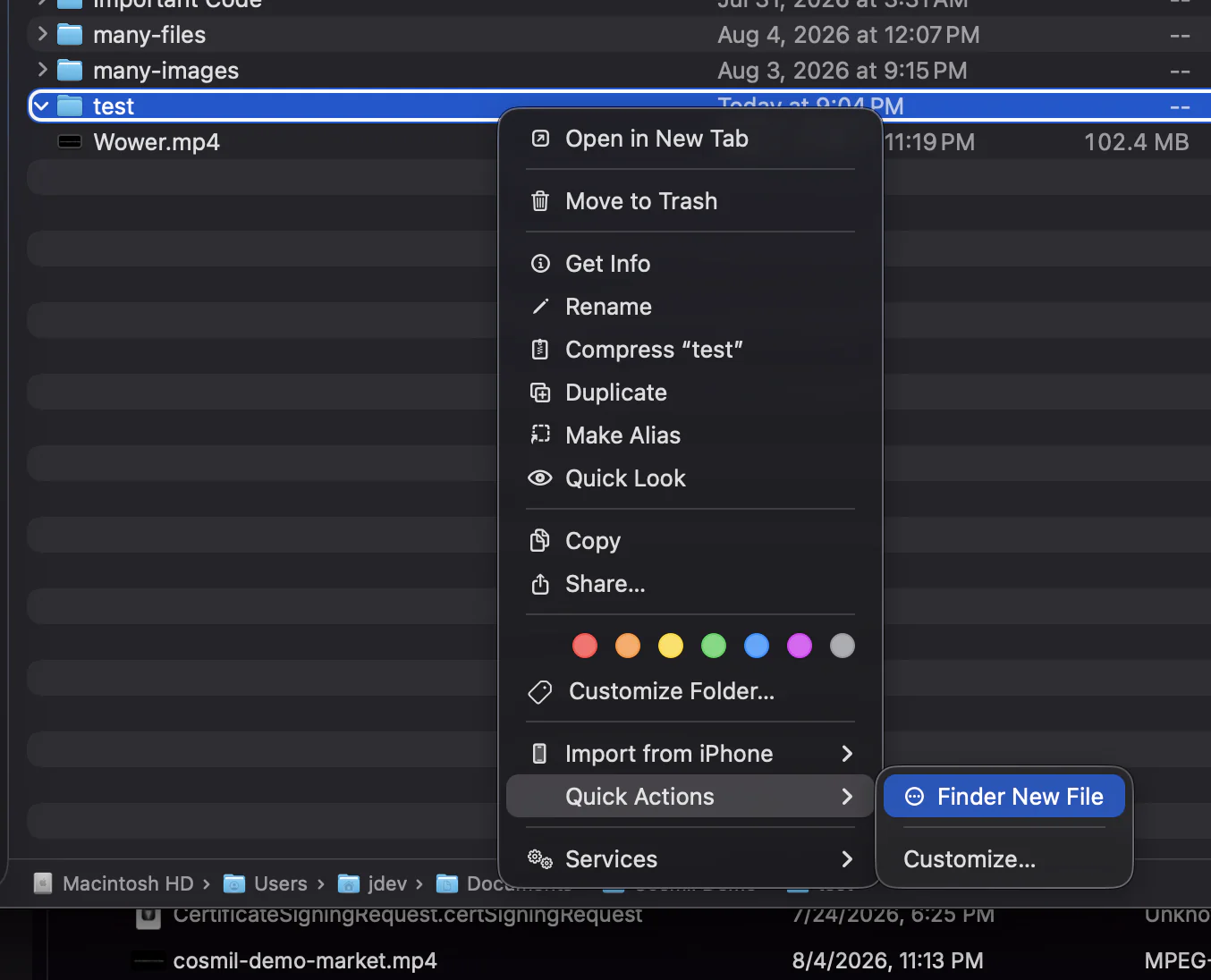 Finder's right-click menu on a folder, Quick Actions submenu open showing Finder New File